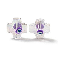 Violet Bleu Des billes de verre transparentes, avec l'émail, croix avec motif mauvais œil, bleu violet, 14.5x14x9mm, Trou: 1.2mm