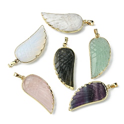 Mixed Stone Natural & Synthetic Mixed Gemstone Pendants, Wing Charms, with Rack Plating Golden Plated Brass Edge, 39x18x7mm, Hole: 6x4mm