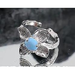 Platinum 925 Sterling Silver Open Rings, Irregular Flower Design Inlaid with Blue Stone Adjustable Rings for Women, Platinum, 18.5mm, Inner Diameter: US Size 5 1/2(16mm)