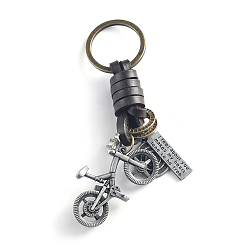 Bicycle Punk Style Woven Cow Leather Alloy Pendant Keychain, for Car Key Pendant, Antique Silver, Bicycle Pattern, 11cm