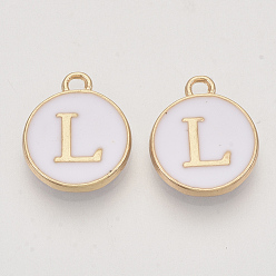 Letter L Golden Plated Enamel Alloy Charms, Enamelled Sequins, Flat Round, White, Letter.L, 14x12x2mm, Hole: 1.5mm, 100pcs/Box