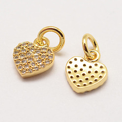 Real 18K Gold Plated Brass Micro Pave Grade AAA Cubic Zirconia Charms, Long-Lasting Plated, Heart, Cadmium Free & Nickel Free & Lead Free, Real 18K Gold Plated, 9x8x1.5mm, Hole: 3mm