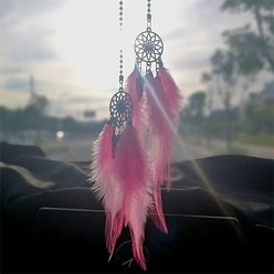 Hot Pink Alloy Woven Net/Web with Feather Pendant Decotations, with Dyed Feather, Wall Hanging Ornament for Car, Home Decor, Flat Round with Flower, Hot Pink, Feather: 145~150mm,  Flat Round: 25mm in diameter
