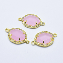 Pearl Pink Brass Micro Pave Cubic Zirconia Links, with Glass, Faceted, Oval, Golden, Pearl Pink, 26x16x5mm, Hole: 1.6mm