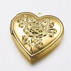 Golden Brass Locket Pendants, Heart with Rose, Golden, 29x29x7.5mm, Hole: 2mm