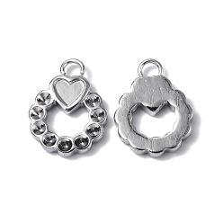 Stainless Steel Color 304 Stainless Steel Pendant Cabochon & Rhinestone Settings, Flat Round Charm, Stainless Steel Color, Fit for 1mm Rhinestone, Heart Tray: 3.5x3.5mm, 13.5x10x2mm, Hole: 2mm