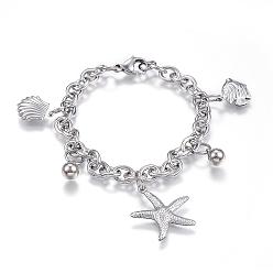 Stainless Steel Color 304 Stainless Steel Charm Bracelets, Starfish/Sea Stars, Stainless Steel Color, 7-1/2 inch(190mm)x6mm