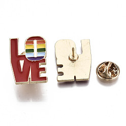 Colorful Alloy Brooches, Enamel Pin, with Brass Butterfly Clutches, Word LOVE, Light Gold, Colorful, 24.5x17x2mm, Pin: 1mm