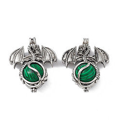 Malachite Synthetic Malachite Pendants, Dragon Charms, with Rack Plating Antique Silver Plated Brass Findings, Cadmium Free & Lead Free, 47x37x19mm, Hole: 4mm