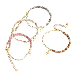 Mixed Stone Charm Bracelets, with Natural Gemstone Beads, 304 Stainless Steel Cross Charms, Brass Paperclip Chains & Round Beads, 7-5/8 inch(19.3cm)
