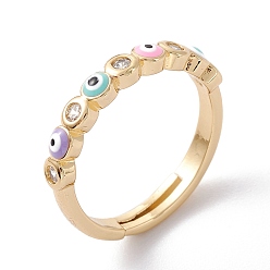 Real 18K Gold Plated Brass Micro Pave Clear Cubic Zirconia Adjustable Rings, with Enamel, Evil Eye, Colorful, Real 18K Gold Plated, US Size 6, Inner Diameter: 17mm