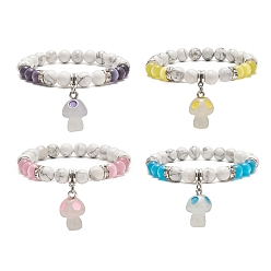 Mixed Color 4Pcs 4 Color Natural Howlite Round Beaded Stretch Bracelets Set, Glow in the Dark Luminous Resin Mushroom Charms Stackable Bracelets for Women, Mixed Color, Inner Diameter: 2-1/8 inch(5.3cm), 1Pc/color