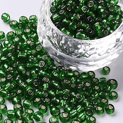 Verde Lima 12/0 perlas de cristal de la semilla, plata forrada agujero redondo, rondo, verde lima, 2 mm, agujero: 1 mm, sobre 30000 perlas / libra