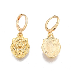 Real 18K Gold Plated Brass Lion Dangle Leverback Earrings for Women, Cadmium Free & Nickel Free & Lead Free, Real 18K Gold Plated, 30mm, Pin: 1mm
