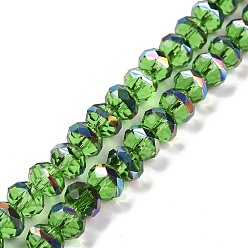 Lime Green Transparent Electroplate Glass Beads Strands, Faceted, Rondelle, Half Rainbow Plated, Lime Green, 7.5~8x6.5~7mm, Hole: 1.4mm, about 65pcs/strand, 16.77 inch(42.6cm)