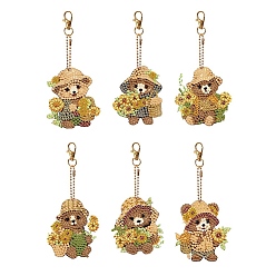 Mixed Color Bear DIY Diamond Painting Keychain Kit, Including Acrylic Board, Keychain Clasp, Bead Chain, Resin Rhinestones Bag, Diamond Sticky Pen, Tray Plate and Glue Clay, Mixed Color, 71.3~72.8x61.6~71.6mm, 6pcs/set