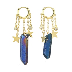 Medium Blue Dyed Natural Quartz Crystal Bullet Dangle Hoop Earrings, Golden Brass Star Tassel Earrings, Medium Blue, 55~63x17mm