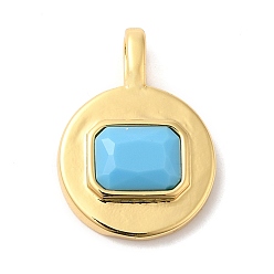 Deep Sky Blue Brass with Cubic Zirconia Pendants, Real 16K Gold Plated, Flat Round Charm, Deep Sky Blue, 20.5x15x4mm, Hole: 4x2.5mm