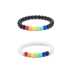 Colorful 2Pcs 2 Colors Acrylic Round Beaded Stretch Bracelets Set for Kids, Colorful, Inner Diameter: 1-3/4 inch(4.4cm), 1Pc/color