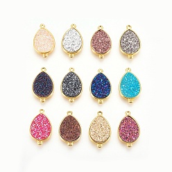 Mixed Color Brass Links connectors, with Druzy Resin, teardrop, Golden, Mixed Color, 22x13x4~5mm, Hole: 1mm