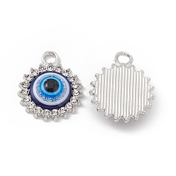 Platinum Alloy Crystal Rhinestone Pendants, with Resin Evil Eye, Flat Round Charms, Platinum, 19x16x4.5mm, Hole: 2.5x2mm