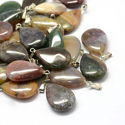 Indian Agate Teardrop Natural Indian Agate Pendants, with Platinum Tone Brass Findings, 25~29x16~17x5~6mm, Hole: 2x7mm