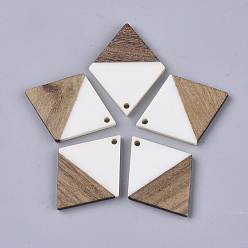 White Resin & Walnut Wood Pendants, Rhombus, White, 34.5x24x3mm, Hole: 2mm