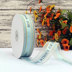 Cyan Printed Polyester Satin Ribbon, Word Best Wishes For You, Cyan, 1 inch(24mm), about 44.84 Yards(41m)/Roll