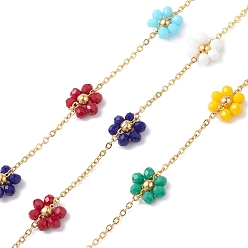 Colorful Flower Glass Beaded Chains, Unwelded, with 304 Stainless Steel Link Chains, Golden, Colorful, 2~9.5x1.5~10.5x0.3~3.5mm