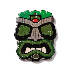 Светло-зеленый Коричневый Печатные подвески из непрозрачного акрила, прелести маски тики, оливковый, 35x28x2.5 мм, отверстие : 1.8 мм