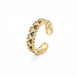Green Cubic Zirconia Heart Cuff Ring, Real 18K Gold Plated Brass Open Ring for Women, Nickel Free, Green, US Size 6(16.5mm)