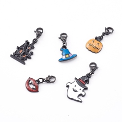 Mixed Color Halloween Theme Alloy Enamel Pendants Set, with 304 Stainless Steel Lobster Claw Clasps, Castle & Magic Hat & Pumpkin Jack-O'-Lantern & Mouth & Ghost with Witch Hat, Mixed Color, 23~36mm, 5pcs/Set