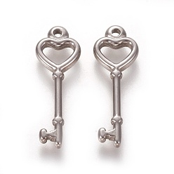 Stainless Steel Color 304 Stainless Steel Pendants, Heart Key, Stainless Steel Color, 25x9x2mm, Hole: 1.4mm