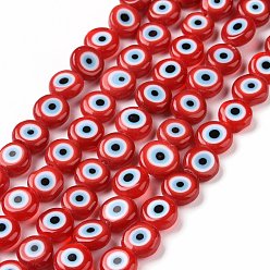 Roja Hechos a mano de cristal de murano mal de ojo planas hebras de perlas redondas, rojo, 6x3 mm, agujero: 1 mm, sobre 65 unidades / cadena, 14 pulgada