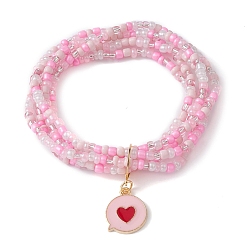 Rond Plat Bracelet multi-brins de perles de graines de verre, bracelet extensible à breloques en alliage d'émail, plat rond, 1-7/8 pouce (4.7 cm), pendentif: 17x14x1.5 mm