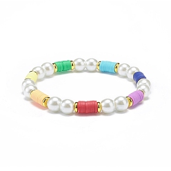 Colorful Polymer Clay Heishi & Glass Pearl & Brass Beaded Stretch Bracelet for Women, Colorful, Inner Diameter: 2 inch(5.2cm)