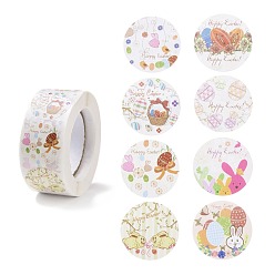 Egg 8 Patterns Easter Theme Self Adhesive Paper Sticker Rolls, with Rabbit Pattern, Round Sticker Labels, Gift Tag Stickers, Mixed Color, Easter Theme Pattern, 25x0.1mm, 500pcs/roll