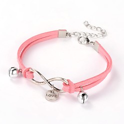 Pink Leather Cord Brass Infinity link Bracelets, with Tibetan Style Findings and Brass Lobster Claw Clasps, Pink, 180mm