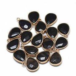 Agate Noire Pendentifs teints en agate noires naturelles, avec les accessoires en laiton de tonalité d'or, facette, larme, 23x14~15x6~7mm, Trou: 2mm