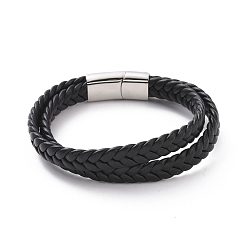 Couleur Acier Inoxydable Bracelet double cordon tressé en microfibre noire avec 304 fermoirs magnétiques en acier inoxydable, bracelet punk pour hommes femmes, couleur inox, 8-3/4 pouce (22.1 cm)