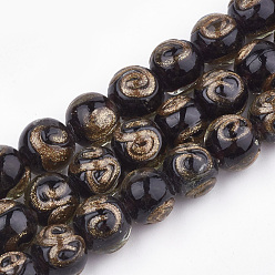 Black Handmade Gold Sand Lampwork Beads, Round, Black, 10~11x9~9.5mm, Hole: 1.5~2mm