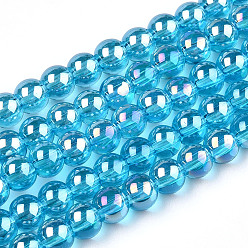 Deep Sky Blue Electroplate Transparent Glass Beads Strands, AB Color Plated, Round, Deep Sky Blue, 4~4.5mm, Hole: 0.8mm, about 97~99pcs/strand, 14.76 inch~14.96 inch(37.5~38cm)
