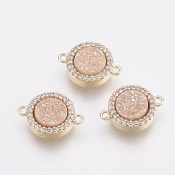 Pink Plated Natural Druzy Agate Links connectors, with Brass Finding and Cubic Zirconia, Flat Round, Golden, Pink Plated, 15.5~16x11x4mm, Hole: 1.2mm