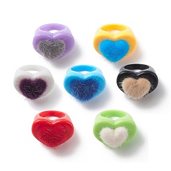 Mixed Color Faux Mink Cobered Heart Finger Ring, Acrylic Wide Ring for Women Girl, Mixed Color, US Size 7 1/4(17.5mm)