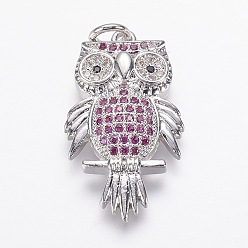 Real Platinum Plated Eco-Friendly Brass Micro Pave Cubic Zirconia Pendants, Cadmium Free & Nickel Free & Lead Free, Owl, Real Platinum Plated, 24.5x14.5x4.5mm, Hole: 3mm