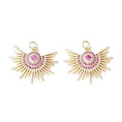 Real 18K Gold Plated Brass Micro Pave Deep Pink Cubic Zirconia Pendants, Fan, Real 18K Gold Plated, 19.5x25x4.5mm, Jump Ring: 5x0.8mm, 3.5mm inner diameter