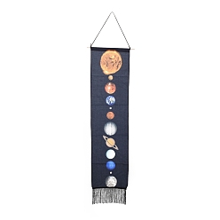 Planet Rectangle Linen Tapestry, Wall Decoration, with Wood Bar, PP Cord, Iron Finding, Planet Pattern, 1600mm