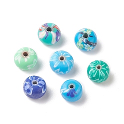 Mixed Color Handmade Polymer Clay Beads, Rondelle with Flower Pattern, Mixed Color, 8~11x6~6.5mm, Hole: 1.8~2.5mm