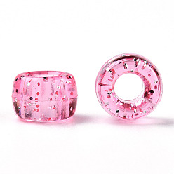 Rose Chaud Perles en plastique transparentes, avec de la poudre de paillettes, baril, rose chaud, 9x6mm, Trou: 3.8mm, environ1900 pcs / 500 g