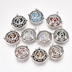Mixed Stone Alloy Cage Big Pendants, Hollow, with Natural/Synthetic Gemstone Beads, Flat Round with Om Symbol, Antique Silver, 34.5x35x14mm, Hole: 8.5x3.5mm, Inner Diameter: 27.5mm, Bead: 24.5~25x5.5mm